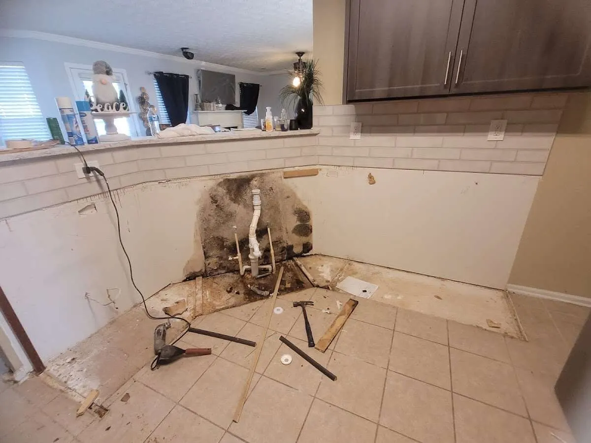 Mold behind wall with plumbing during Flood Damage Cleanup in Lindsay