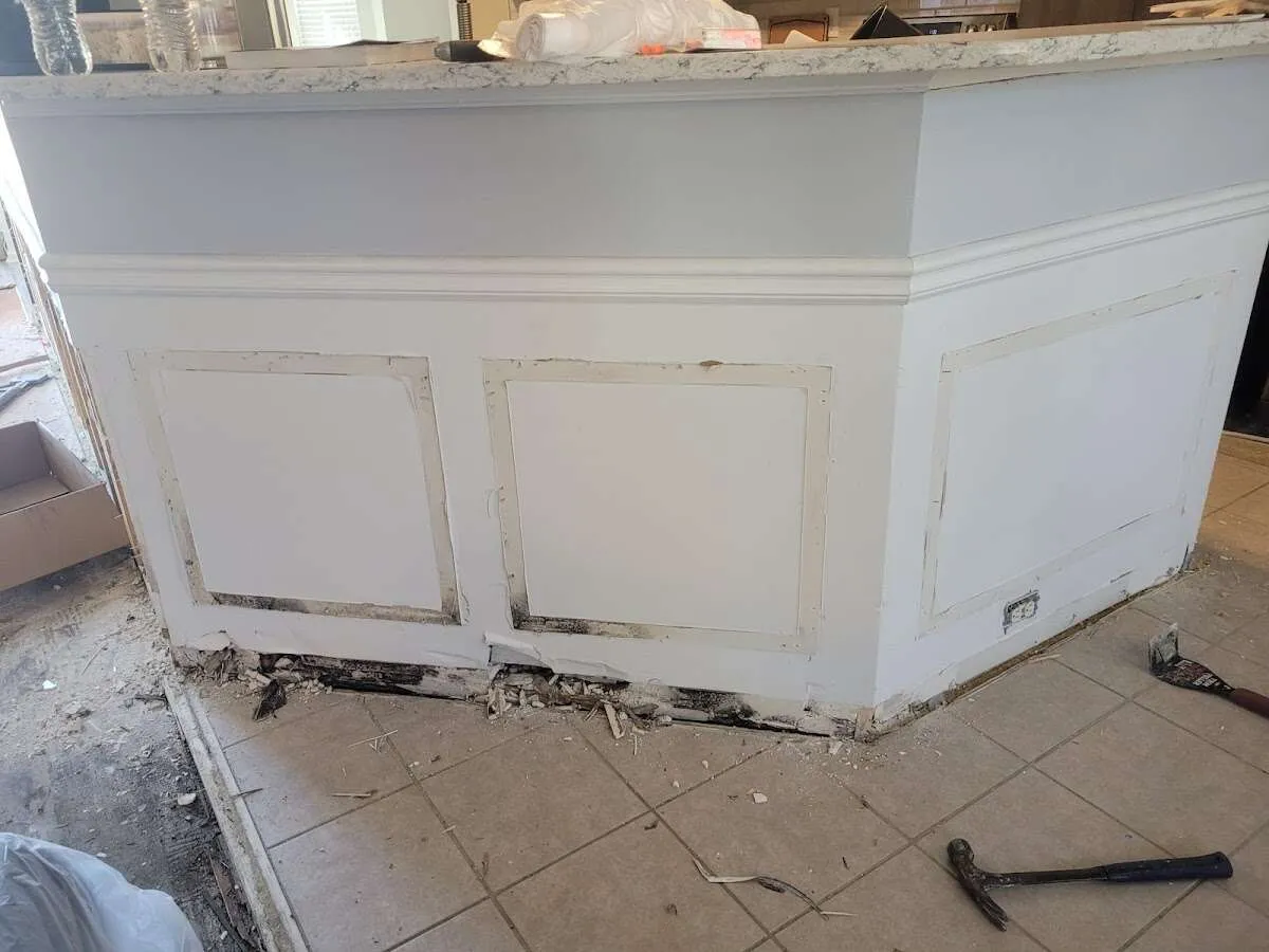 Water damage and mold on kitchen during Storm Damage Restoration in Lindsay